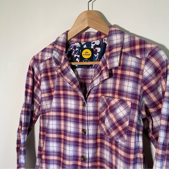 Life is Good Sleepshirt Medium Checkered Flannel Button-up Cotton Purple‎ - Picture 3 of 11